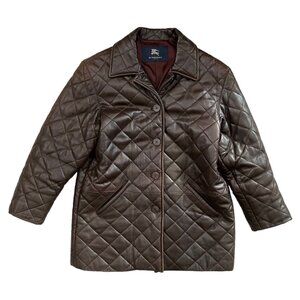 Vintage Burberry Brown Quilted Leather‎ Button Front Jacket Medium Preppy